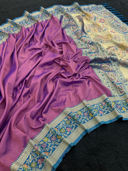 Elegant Gala Plain Body with Kadiyal Paithani Weaves Soft Silk Saree