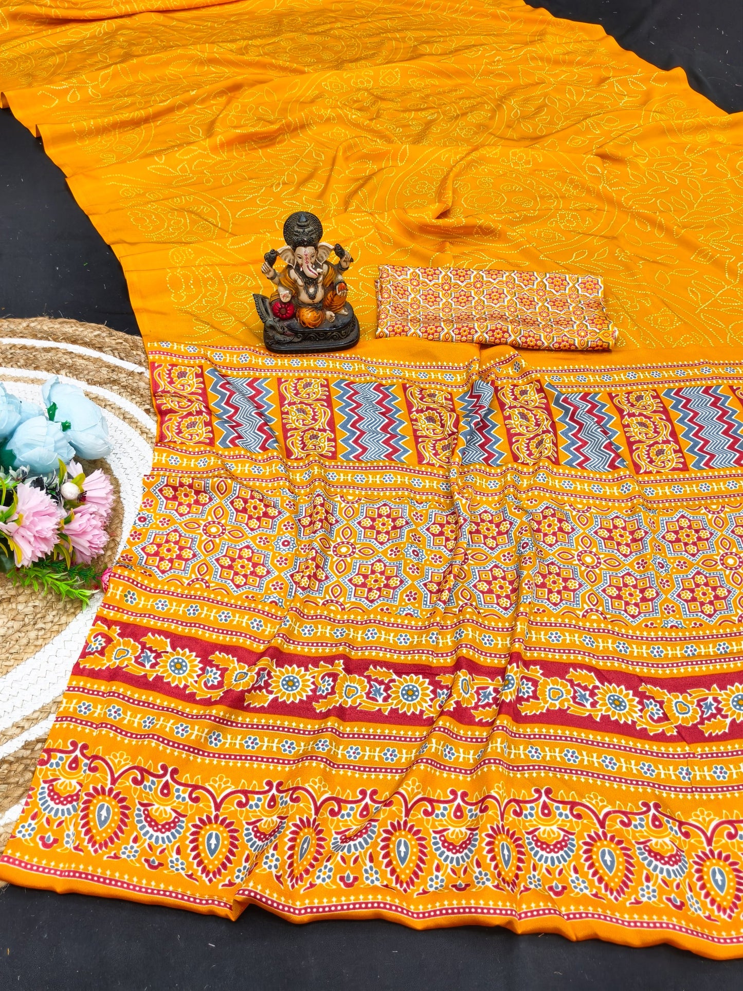 Ajrakh Printed Pallu Bandhej Saree