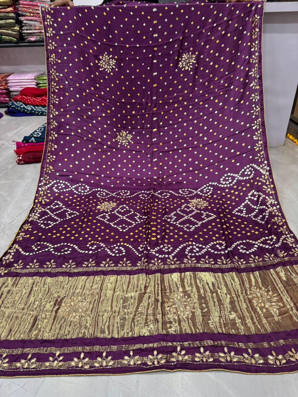 Bandhani With Pure Lagadi Patta With Hand Work Saree