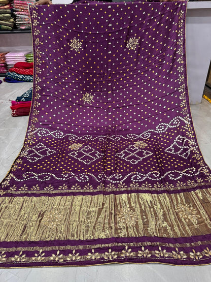 Bandhani With Pure Lagadi Patta With Hand Work Saree