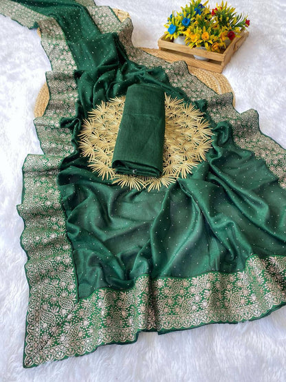 Vichitra Silk Saree with Diamond Work