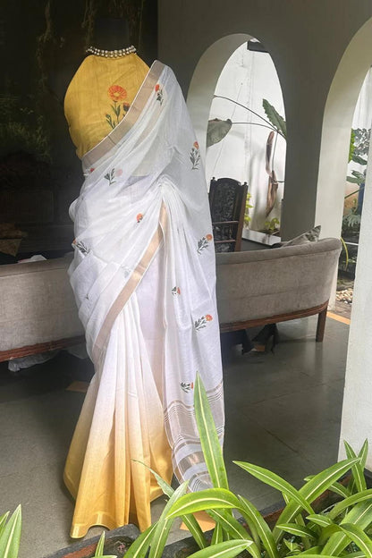 Linen Digital Print Saree with Gold Jari Border