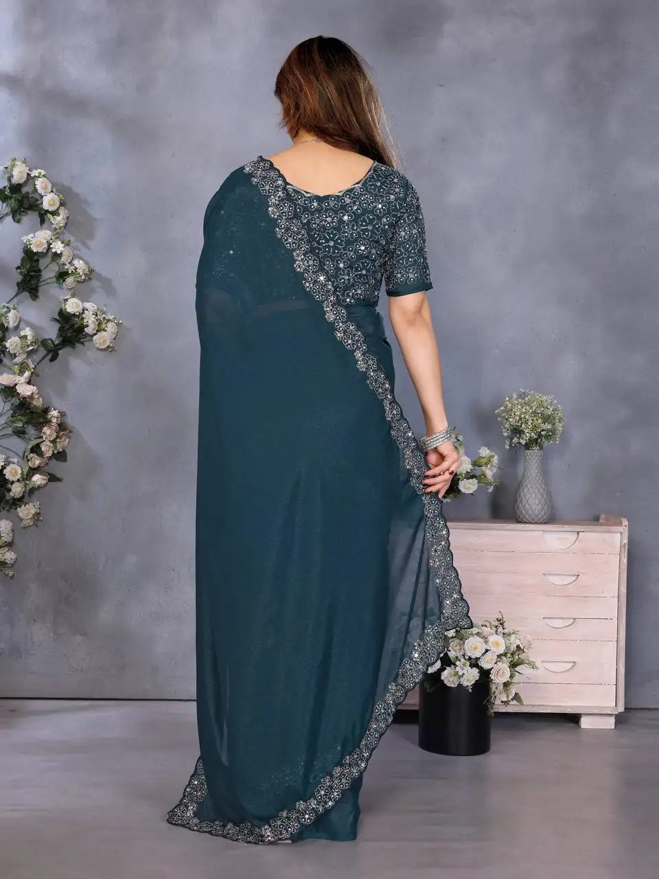 Premium Star Georgette Saree with Diamond Handwork