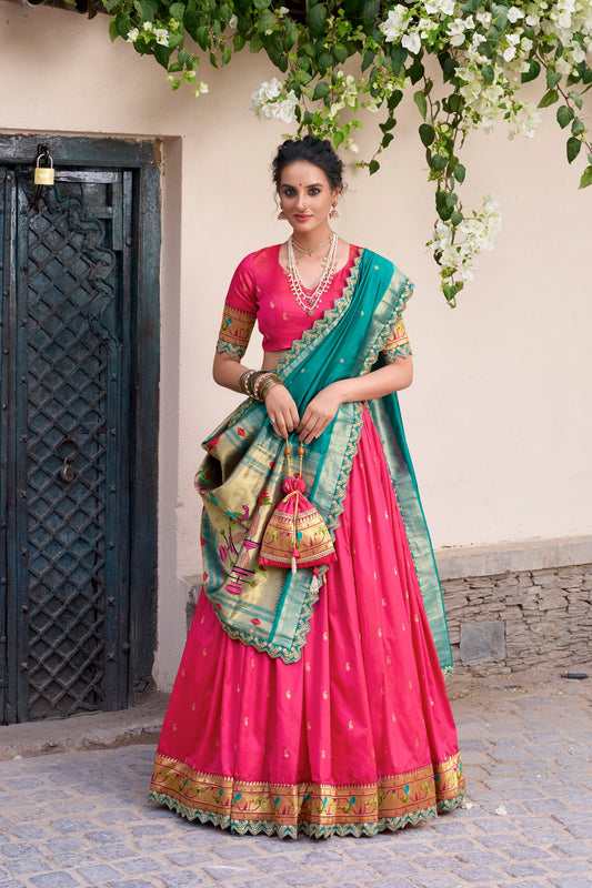 Paithani Jacquard Silk Lehenga Set with Zari Weaving, Sequins & Scallop Lace