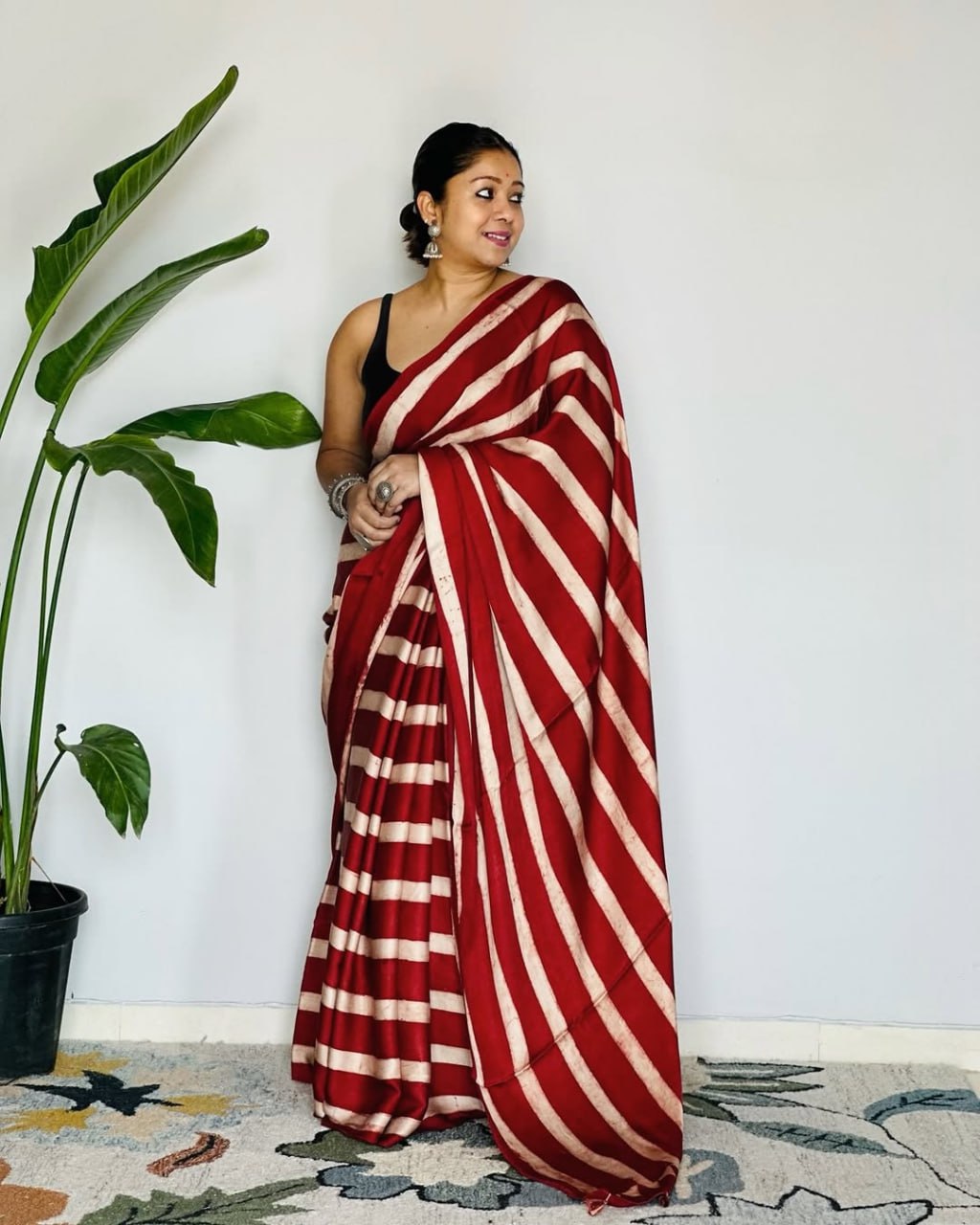 Ajrakh print Japan silk semi gajji saree with digital border, rich pallu and contrast blouse