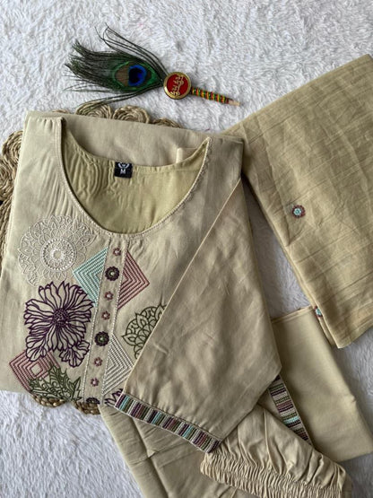 Pure Cotton Embroidered Kurti Set with Mul Cotton Dupatta – Cream | KR-401