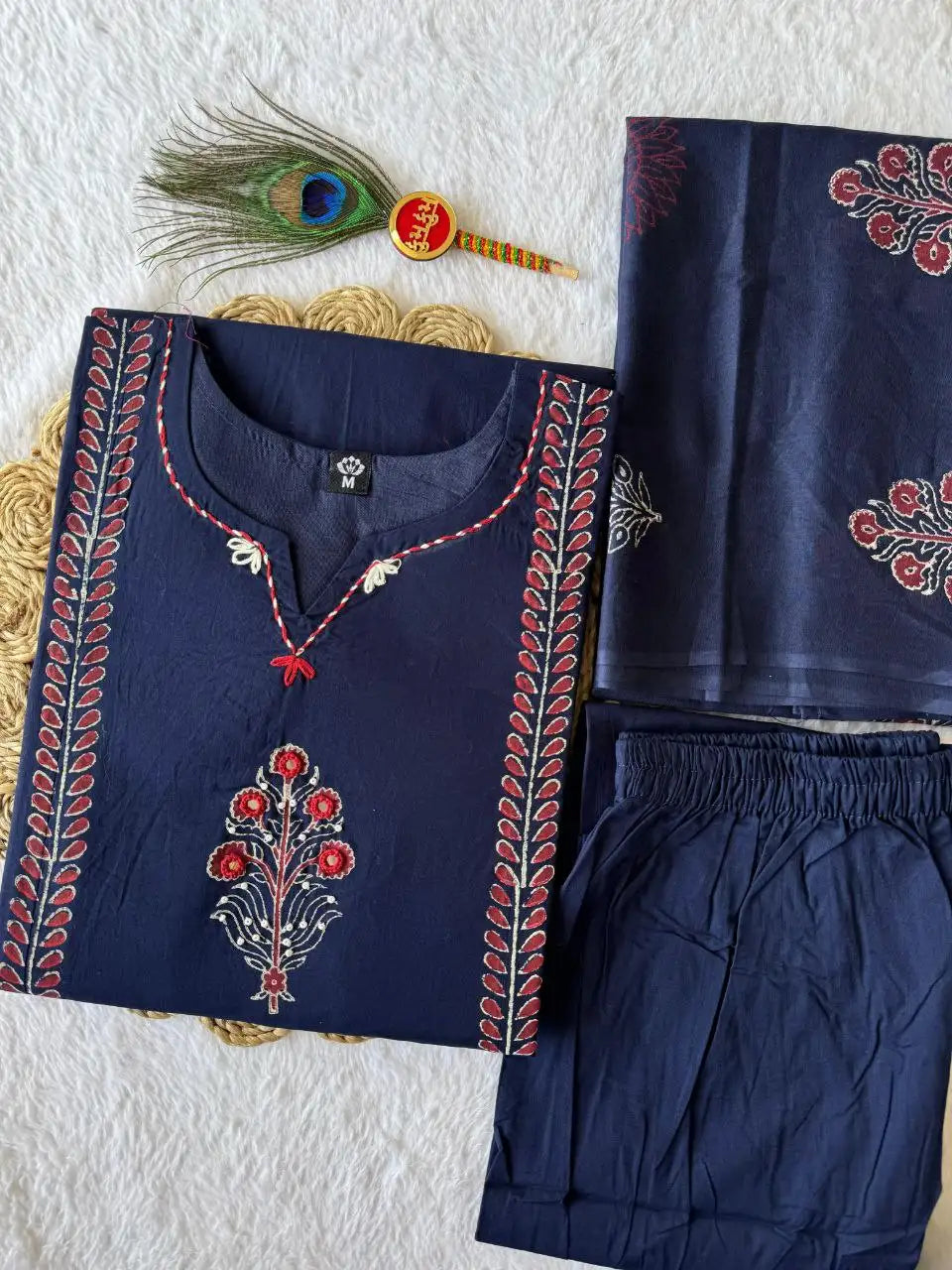 Navy blue pure cotton block print kurti set with real mirror hand work and mul cotton dupatta