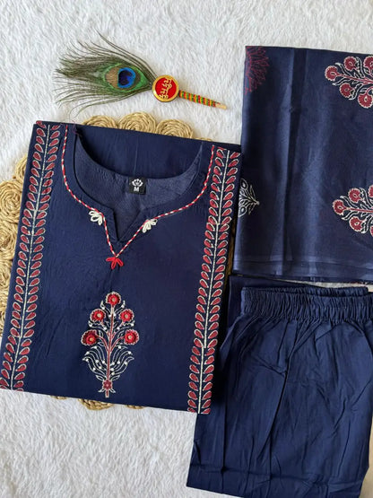 Navy blue pure cotton block print kurti set with real mirror hand work and mul cotton dupatta