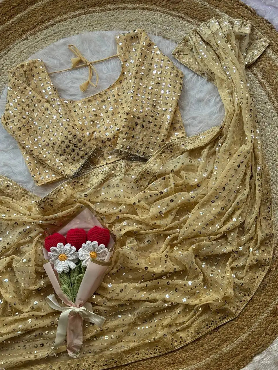 Soft georgette saree with heavy 5mm sequin embroidery and lace border with piping