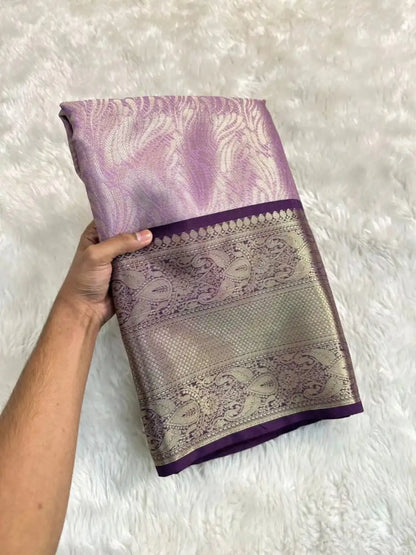 Super Soft Banarasi Woven Purple Kanjivaram Silk Saree with All Over Gold Zari & Brocade Blouse - VF – PURPLE KANJIVARAM