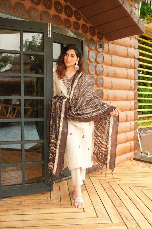 Khadi Cotton Fully Stitched Ethnic Set with Dupatta