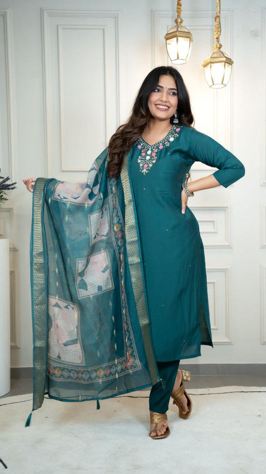 Roman Silk New Designer Kurti Pant Dupatta Set