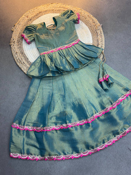 Ice Blue Dual ton Kids Silk Lehenga Choli with Jacquard Weaving & Embroidery Lace