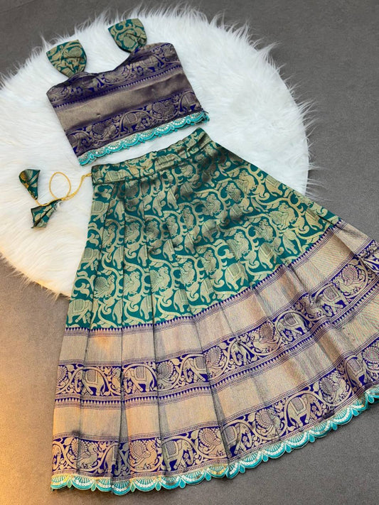Kids Silk Lehenga Choli with Jacquard Weaving & Embroidery Lace