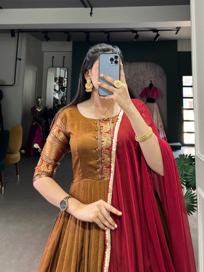 Traditional Narayanpet Cotton Gown with Chiffon Dupatta
