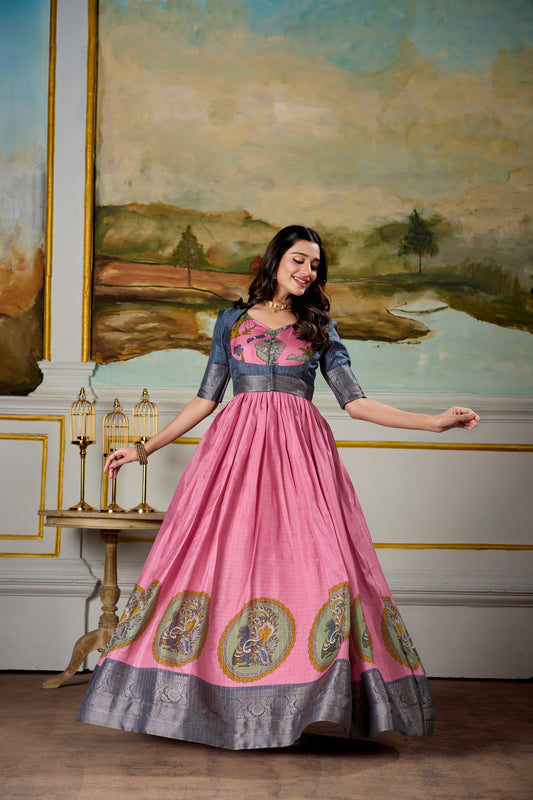 Elegant Dola Silk Kalamkari Print Gown with Zari Weaving Koti