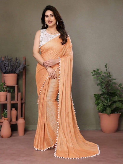 Polyester Zari Plain Saree with Embroidered Blouse & Pum Pum Lace