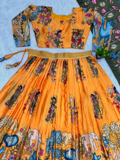 Chinon Kalamkari Print Designer Lehenga Choli with Lace Border Dupatta