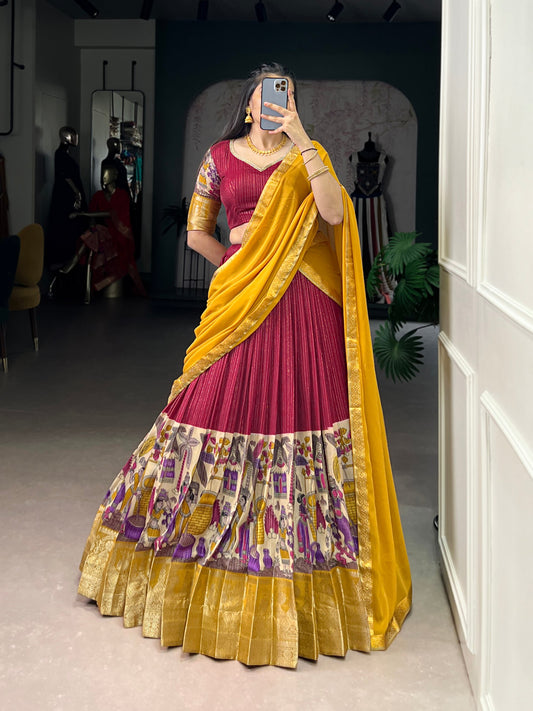 NITRIYA Poly Chanderi Kalamkari Print Lehenga Choli with Zari Stripe & Georgette Dupatta