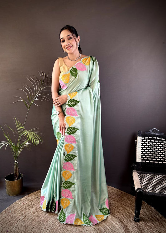 Multicolor Leaf Embroidery Saree in Rangoli Silk