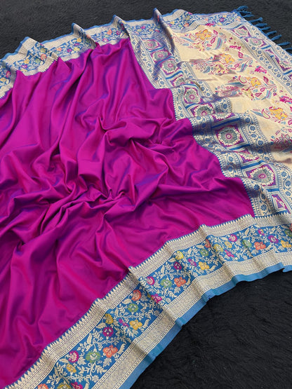 Elegant Gala Plain Body with Kadiyal Paithani Weaves Soft Silk Saree