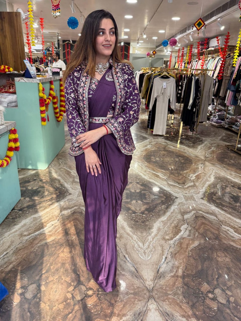 Diamond Satin Silk Ready To Wear Saree With Jacket