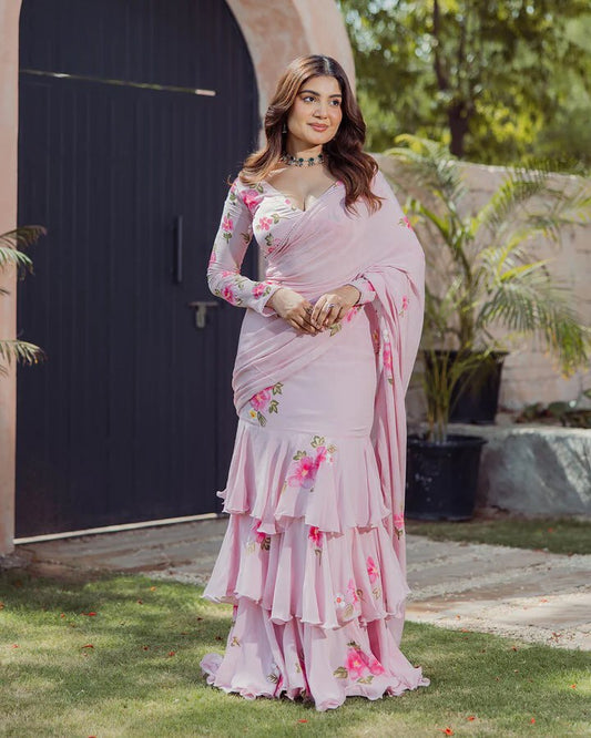Georgette with Digital Print Ready To Wear Lehenga Saree
