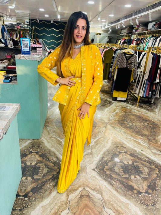 Diamond Satin Silk Multi-Thread Embroidery with Sequence Ready To Wear Saree With Jacket