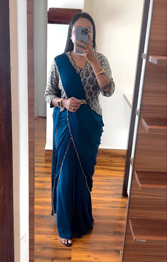 Chinnon Silk with Multi-Thread Embroidery Sequins Ready To Wear Saree With Koti