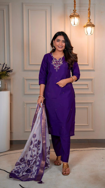 Premium Roman Silk  New Designer Kurti Pant Dupatta Set