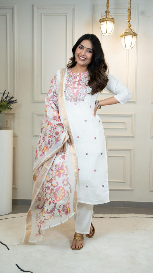 Roman Silk Multicolor Embroidery with Sequence Work Suit