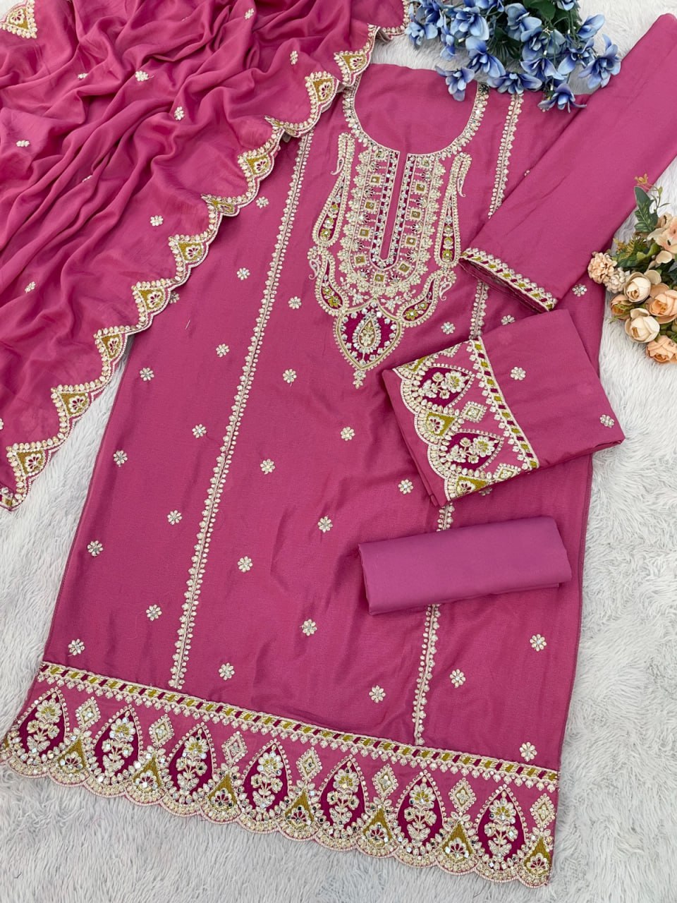 Chinon with Embroidered Cording &amp; 3mm Sequence Thread work Suit
