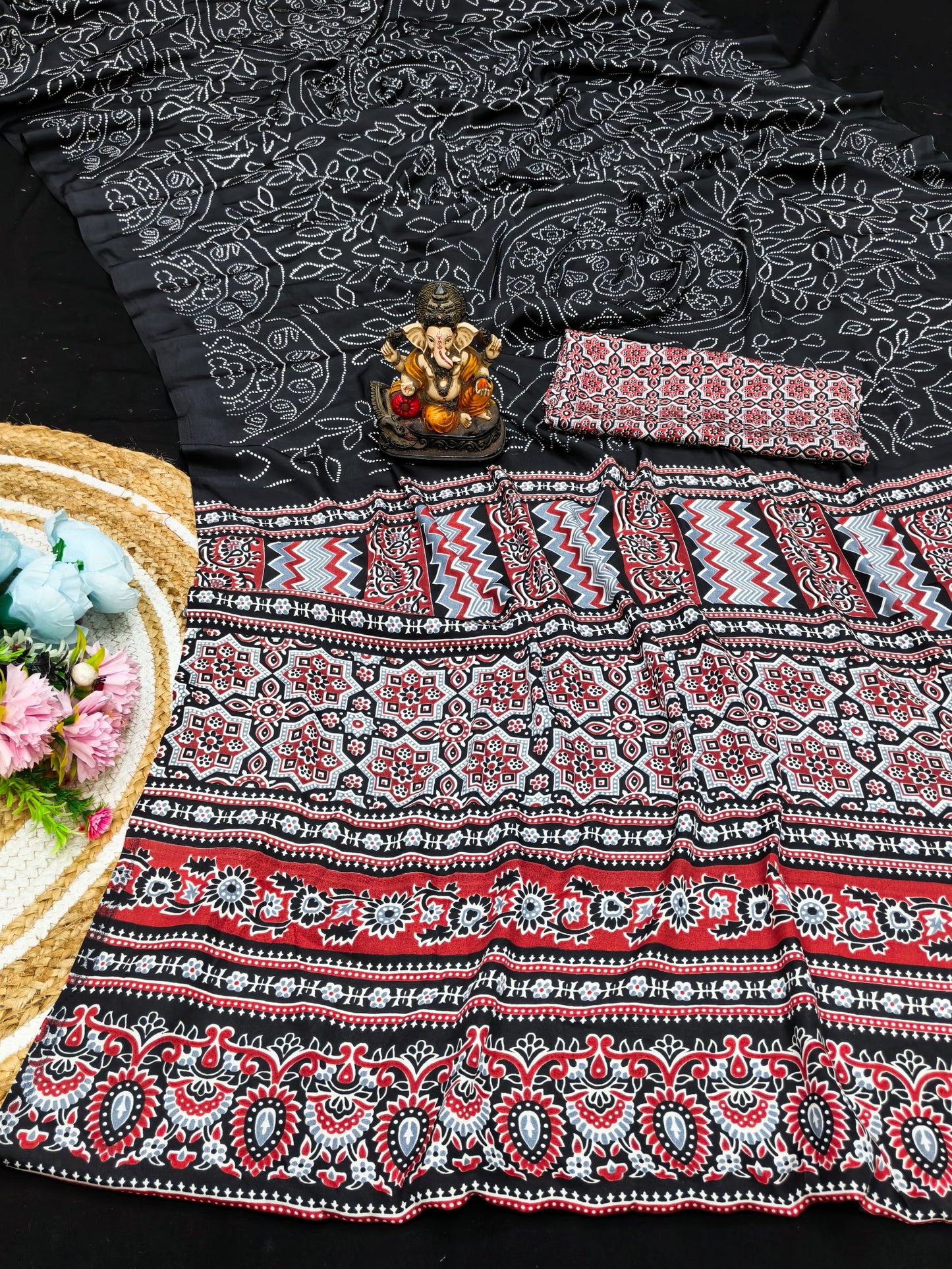 Ajrakh Printed Pallu Bandhej Saree