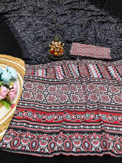 Ajrakh Printed Pallu Bandhej Saree