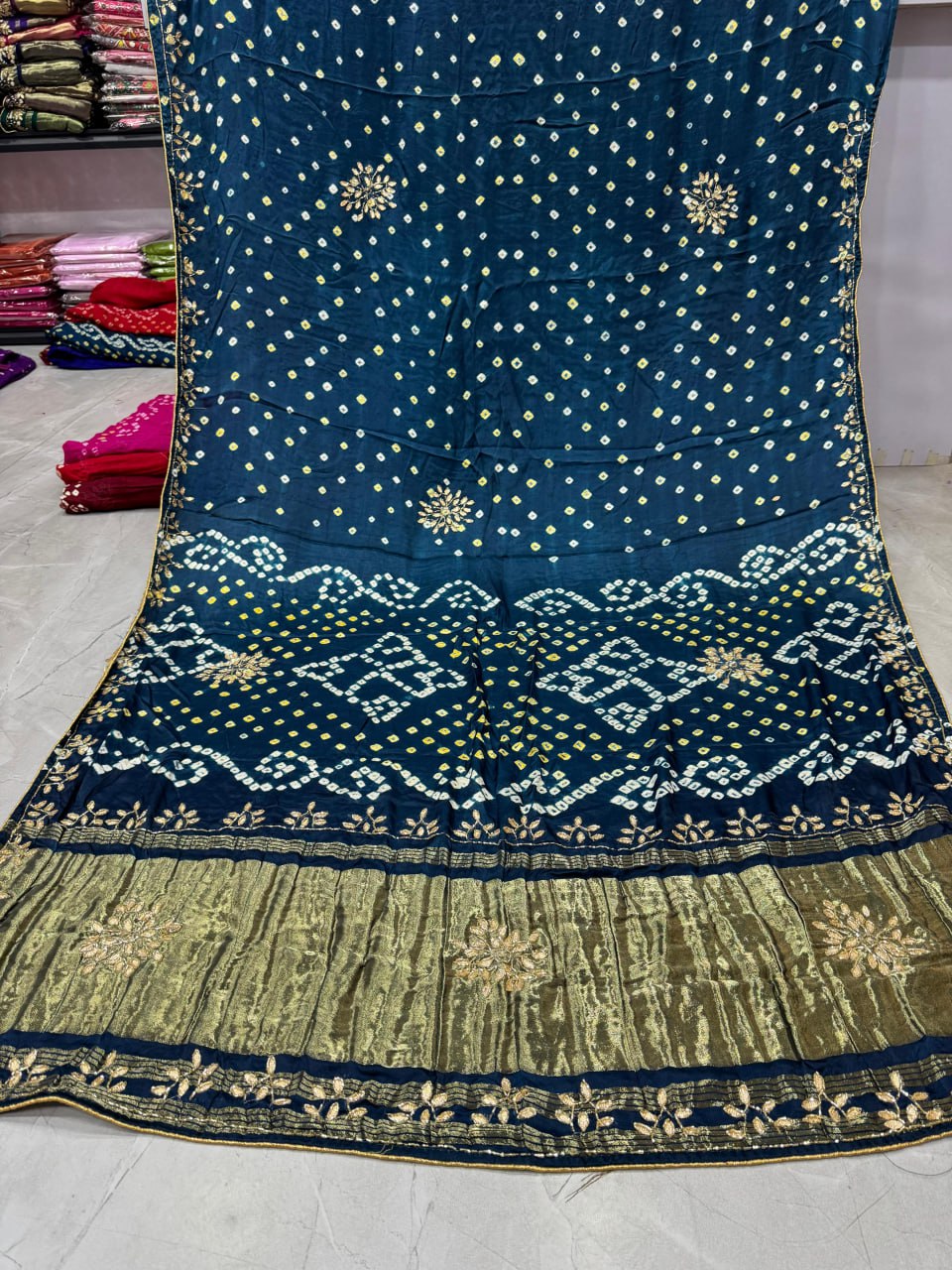Bandhani With Pure Lagadi Patta With Hand Work Saree
