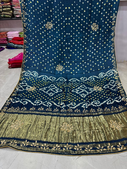 Bandhani With Pure Lagadi Patta With Hand Work Saree