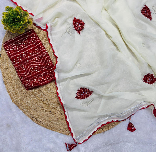 Frendy chiffon Sattin  Bandhani &nbsp;Butta  Saree