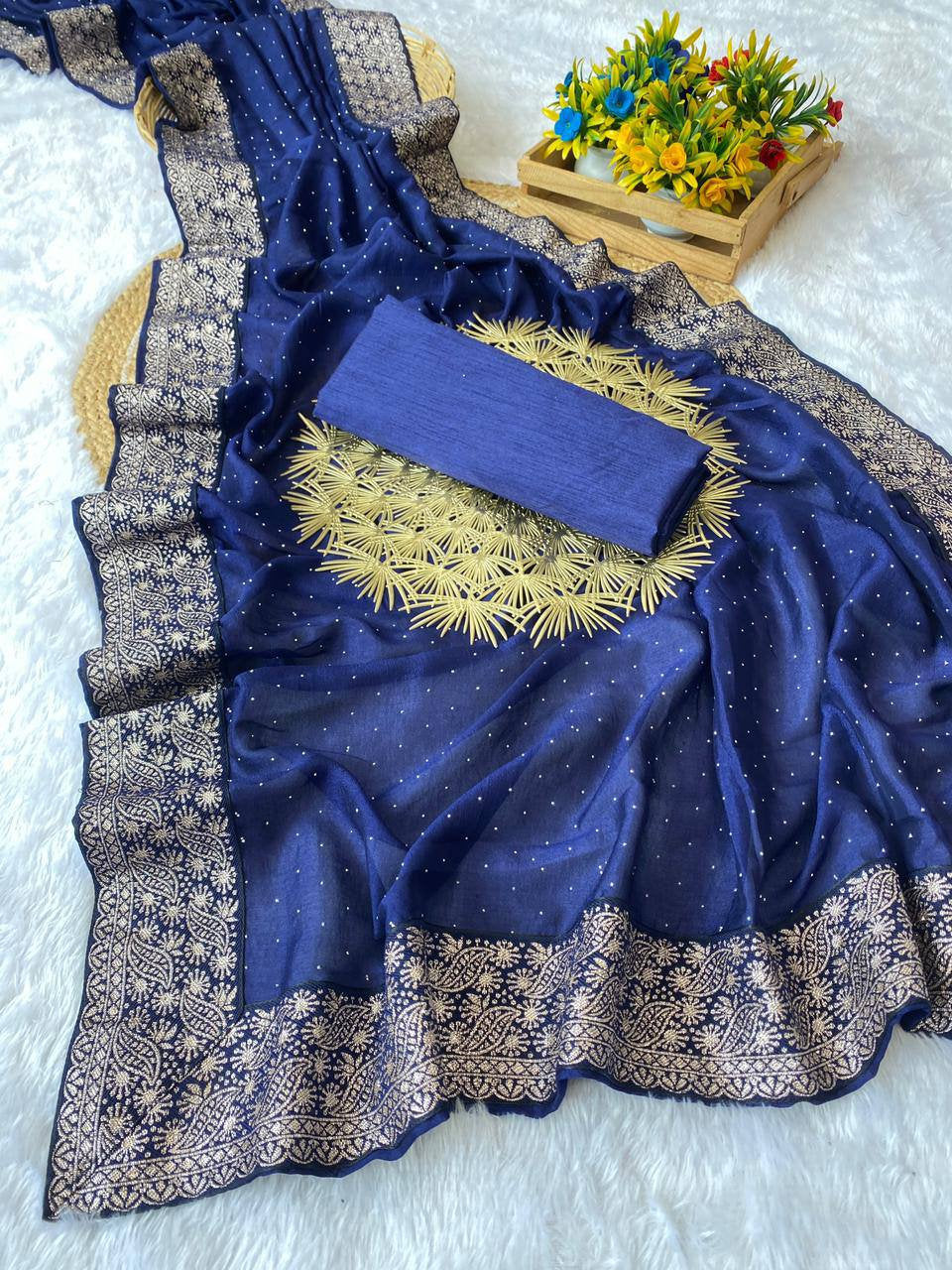 Vichitra Silk Saree with Diamond Work