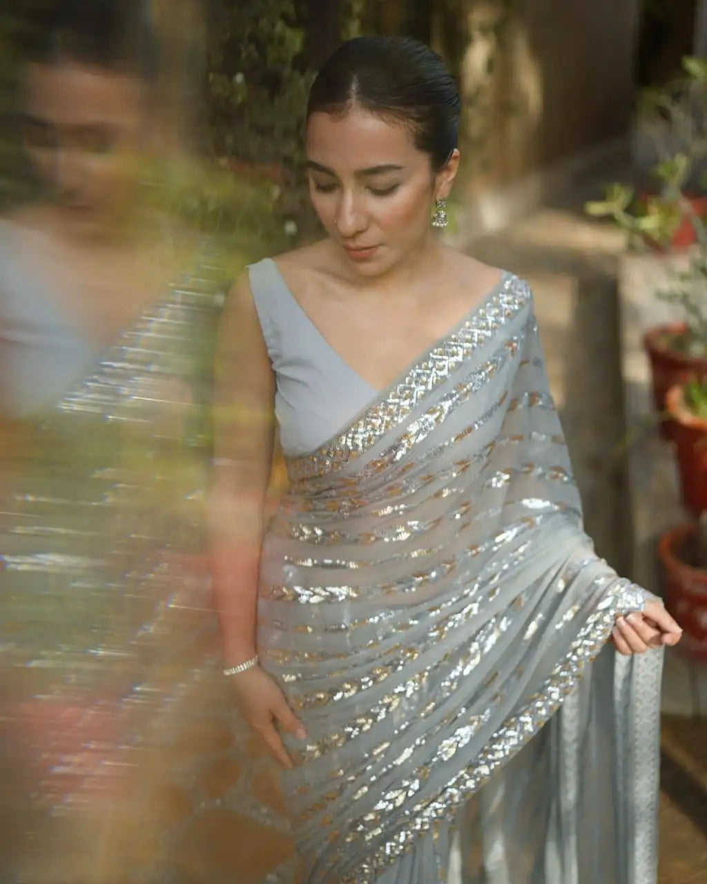 Soft Georgette Embroidery Saree with Dual Sequin Work & Lace Border