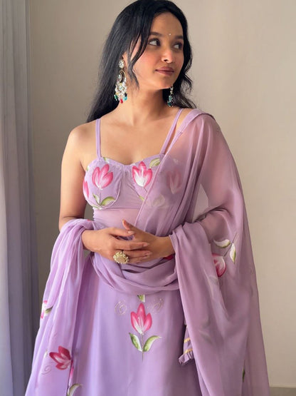 Hand Painted Pure Georgette Lehenga Set with Corset Blouse & Dupatta | Fully Stitched | SCnx 1189