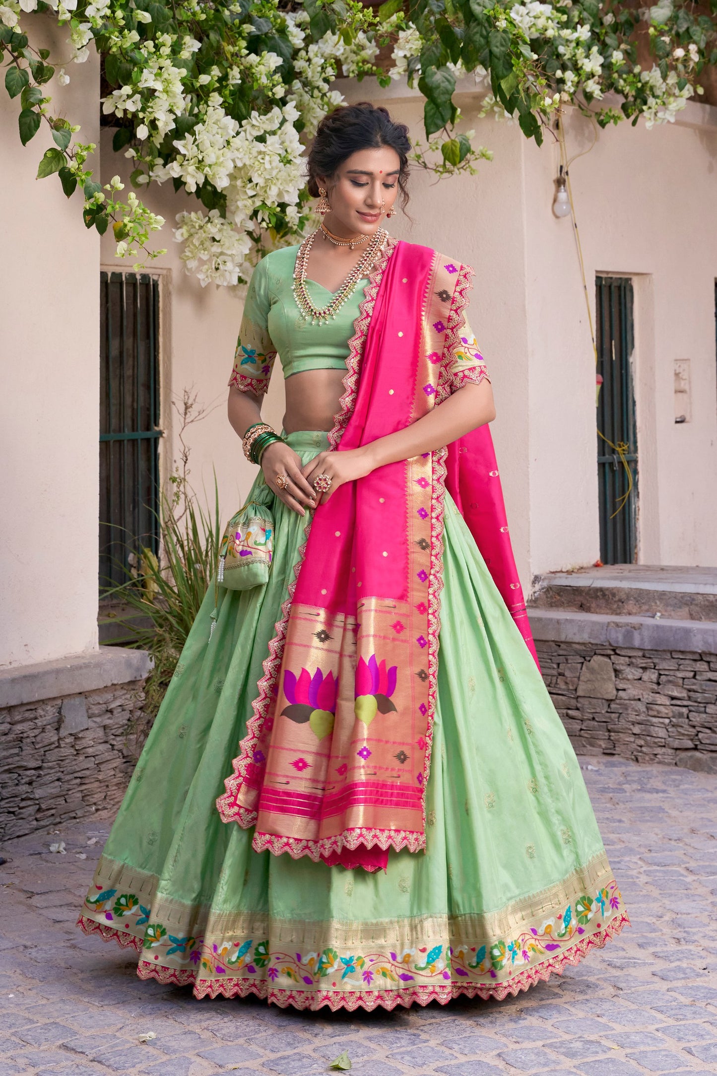 Paithani Jacquard Silk Lehenga Set with Zari Weaving, Sequins & Scallop Lace
