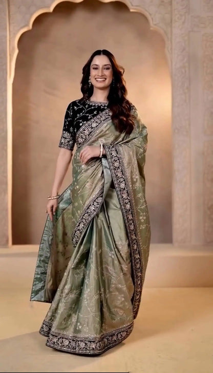 Saheli Designer Soft Mocha Silk Saree with Velvet Blouse & Sequins Work RV-6052