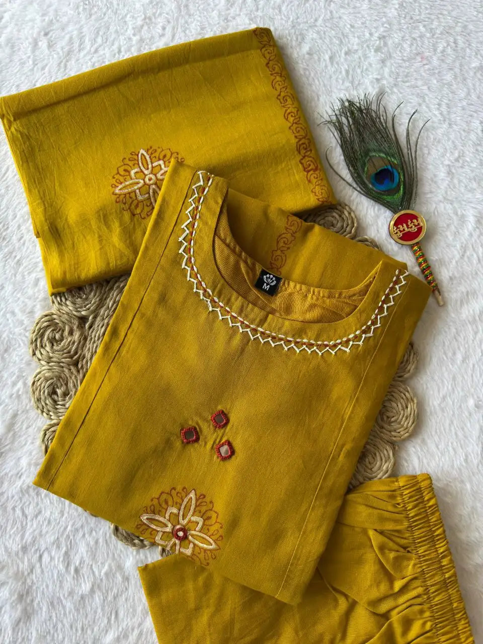 Pure Cotton Kurti Set with Real Mirror Hand Work & Mul Cotton Dupatta – Mustard Yellow | KR-394