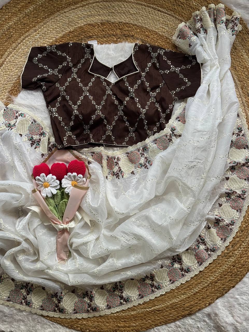 Premium paper crush organza saree with sequins, leheriya pattern and scallop border embroidery