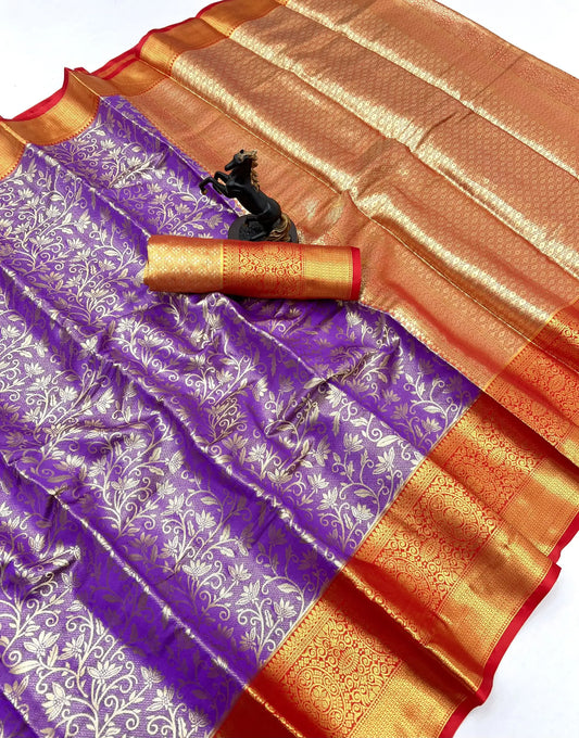 Lavender Kanjivaram semi silk saree with silver zari and red contrast border