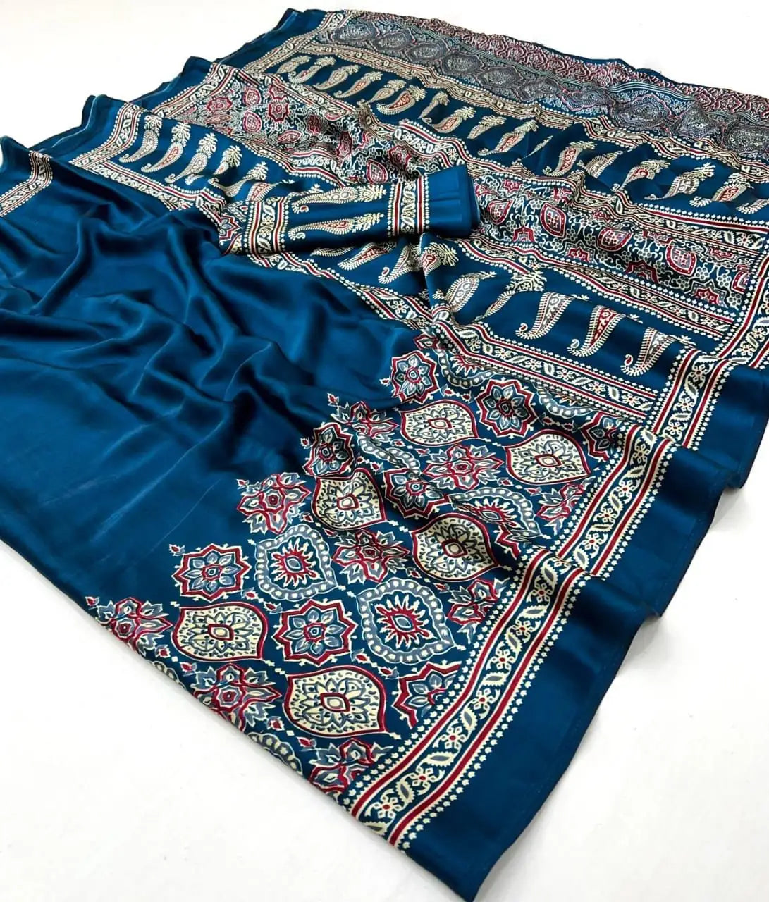 Semi Gajji Japan Satin Silk Saree with Ajrakh Print Border  SF-2206