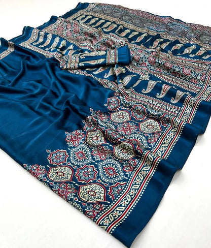 Semi Gajji Japan Satin Silk Saree with Ajrakh Print Border  SF-2206