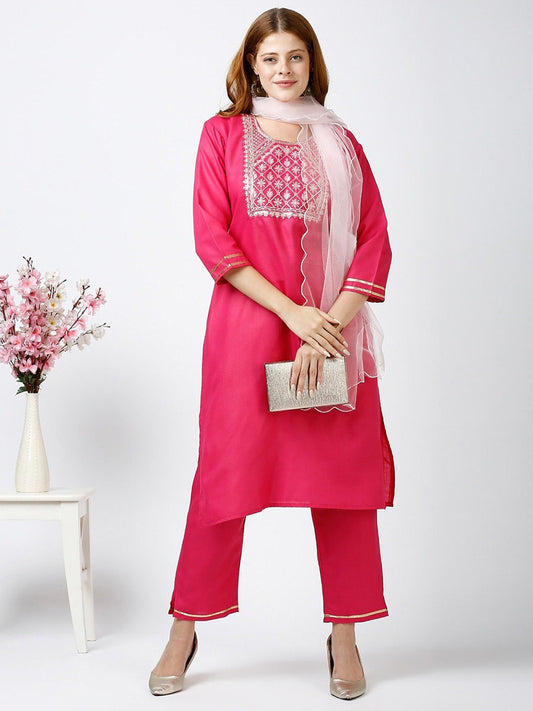 Slub Cotton Fully Stitched Ethnic Set with Dupatta