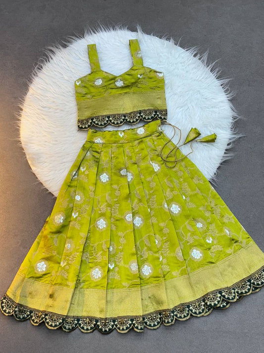 Kids Silk Lehenga Choli with Jacquard Weaving & Embroidery Lace