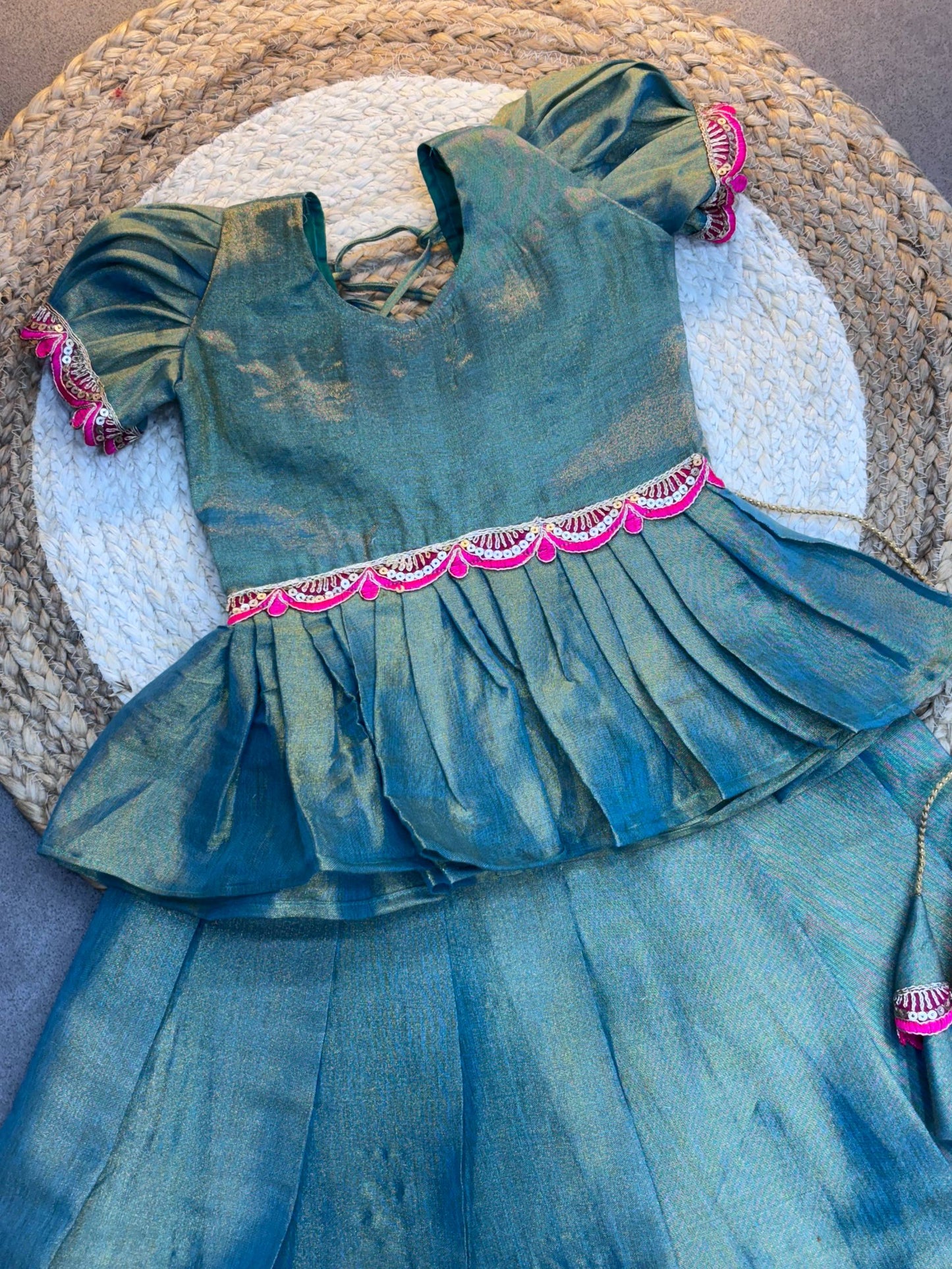 Ice Blue Dual ton Kids Silk Lehenga Choli with Jacquard Weaving & Embroidery Lace